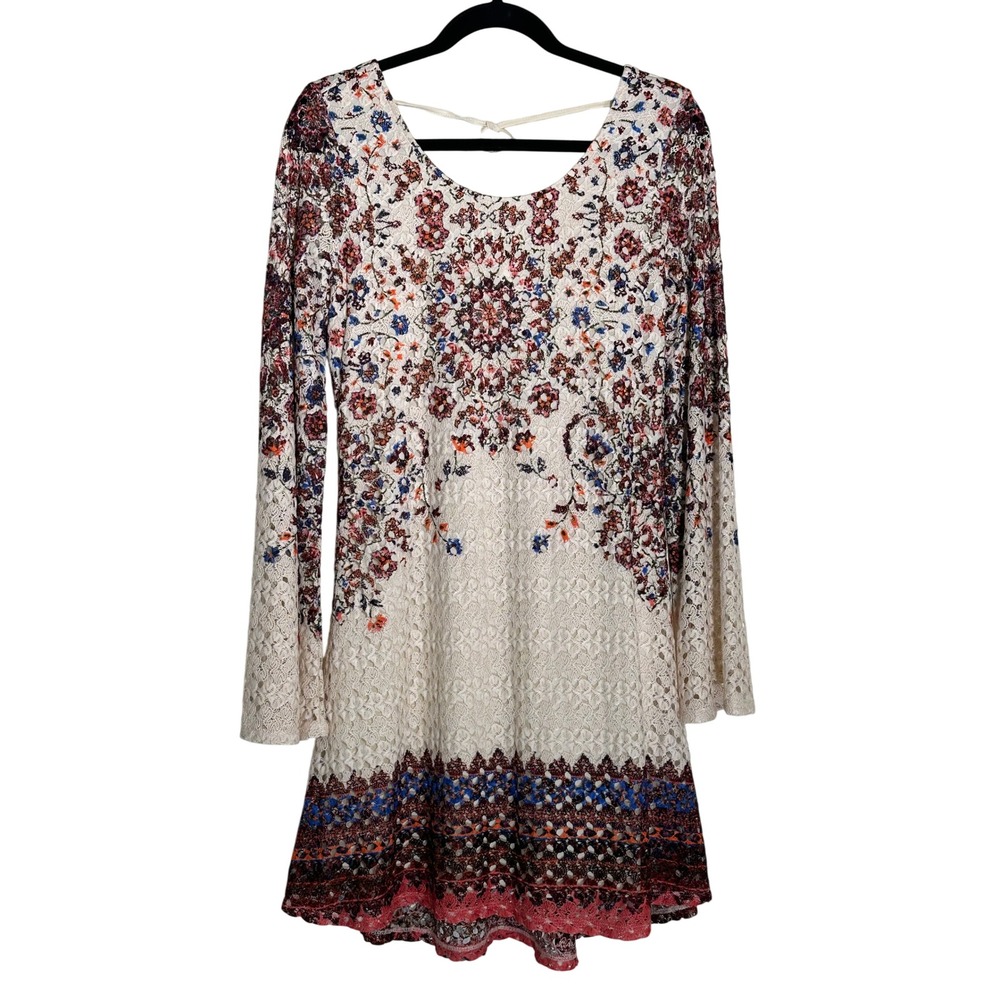 Xhilaration Floral Crochet Bell Sleeve Mini Dress Ivory Boho Peasant Size M